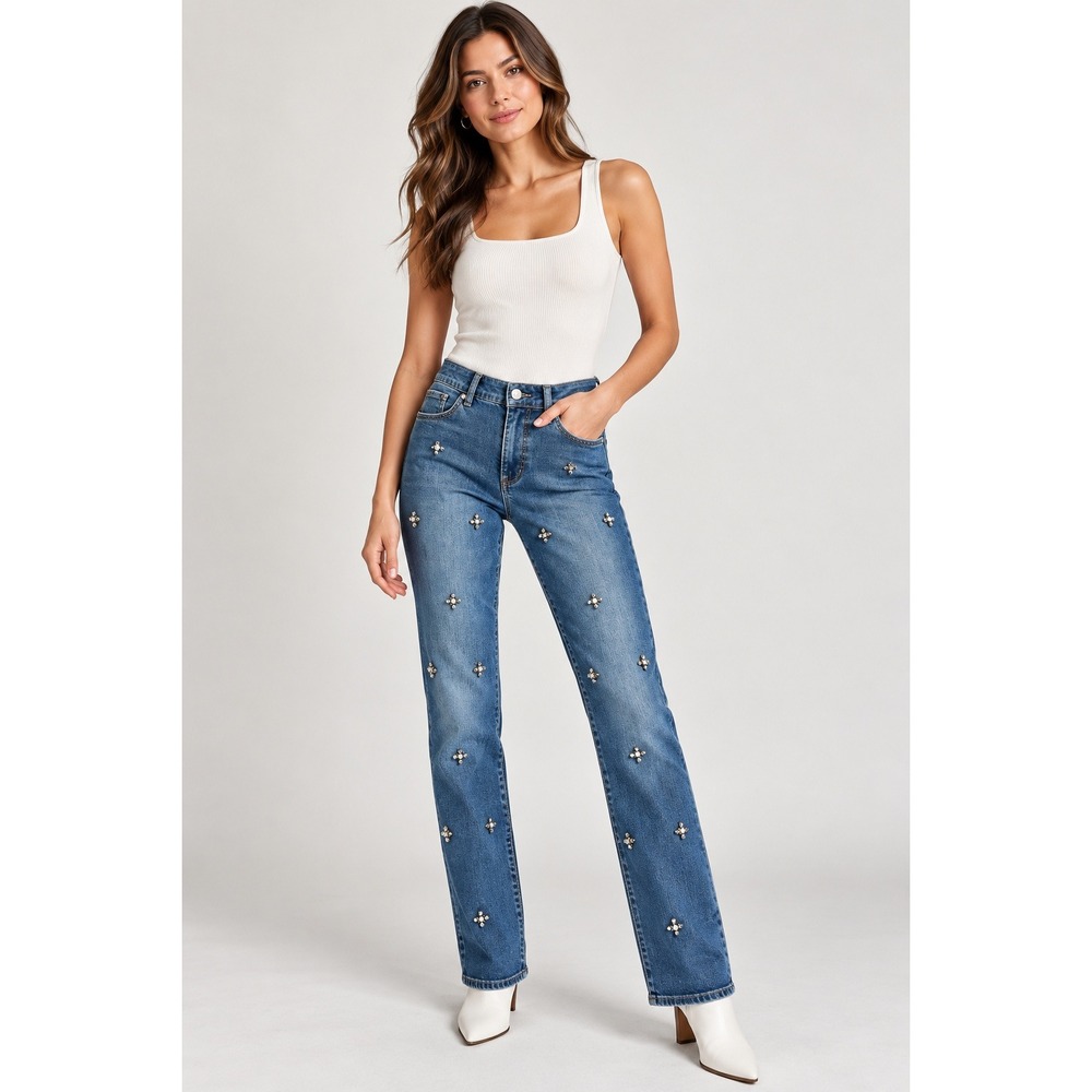 Maison Jules Blue Jeans Boho Chic Mid Rise Rhinestone Slim Boyfriend Size 8/29
